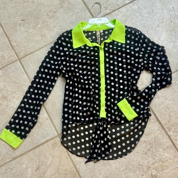Only Sky Tops - Black Neon Green White Polka Dots Long Sleeves
